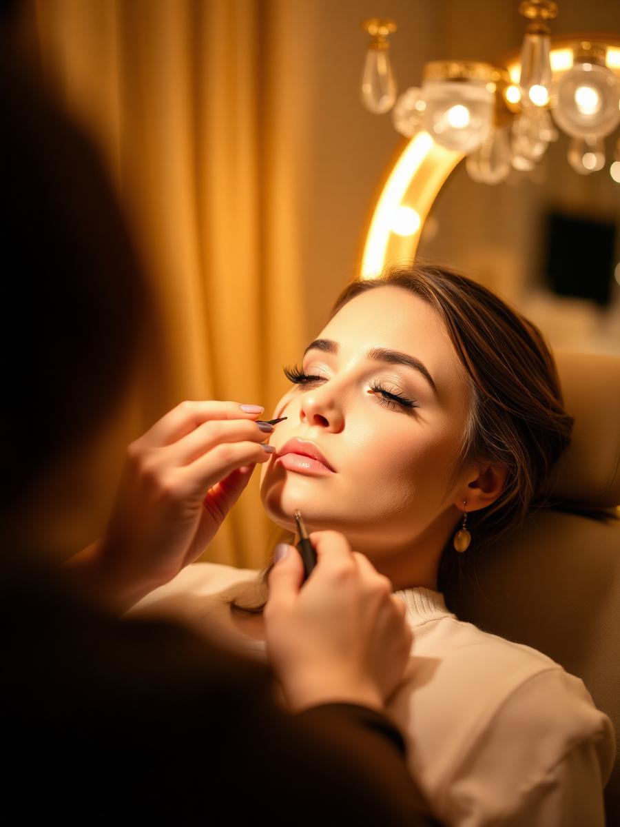 Client having lash extensions applied in the salon