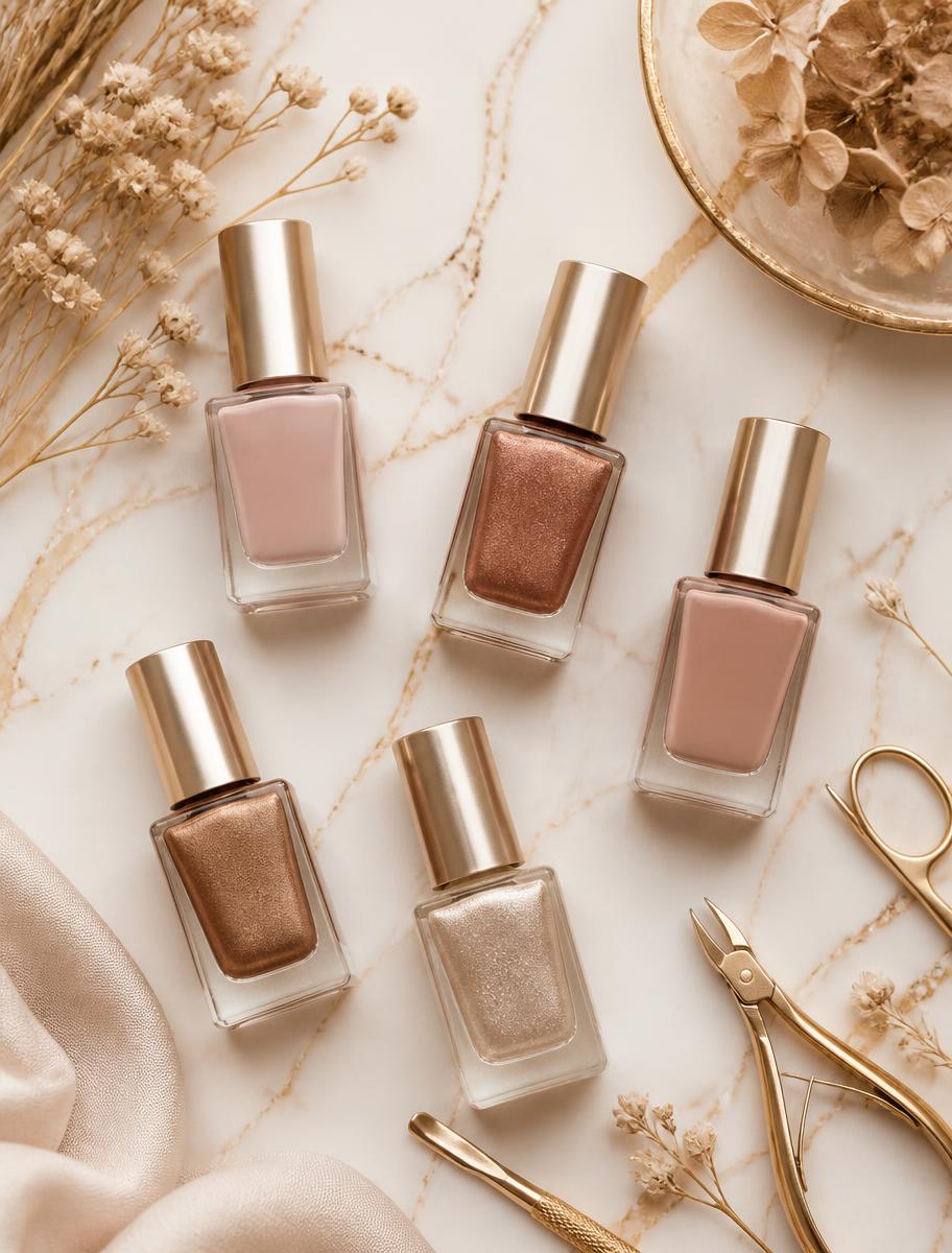 Nude and bronze nail polish shades on marble
