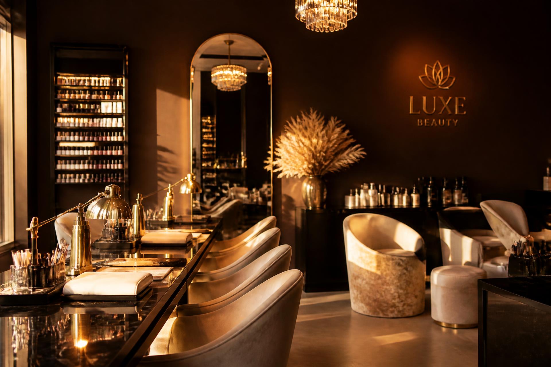 The warm, gold-lit interior of Lucky Star Nails & Beauty Bar